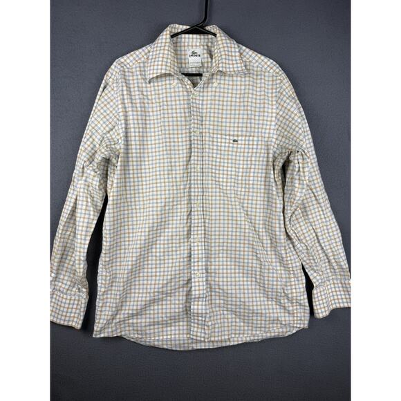 Lacoste Mens 42 Large Blue Orange Plaid Long Sleeve Button Front Cotton Shirt - Picture 1 of 9